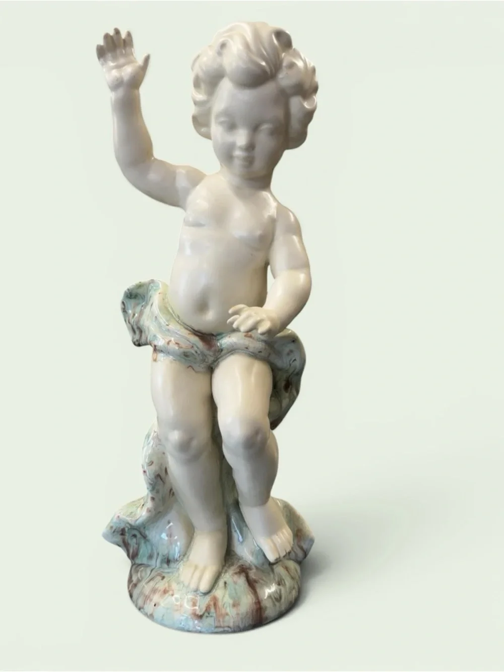 Vintage Cream Ceramic Cherub Figurine with Pale Aqua Drapery 16” x 6”